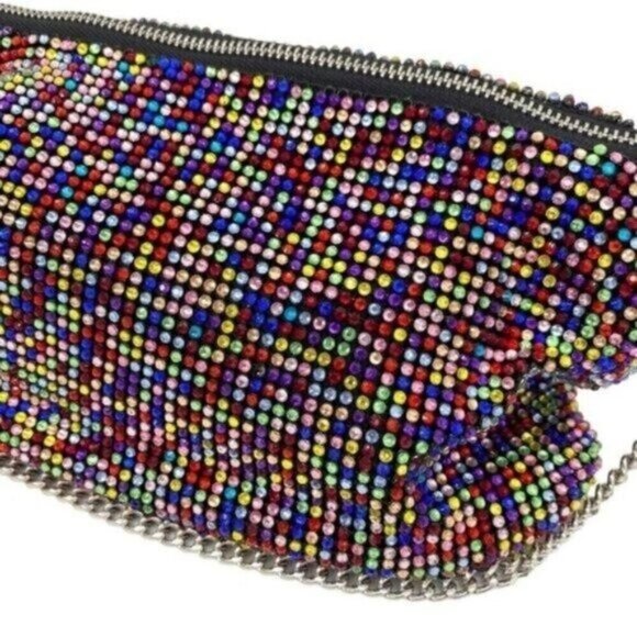Aqua Crystal Mesh Beaded Mini Shoulder Bag Clutch Purse in Rainbow New - Picture 11 of 14